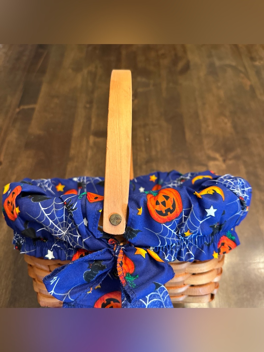 Trick or Treat Halloween Woven Basket Handle Pumpkins Spooky Candy Bats
